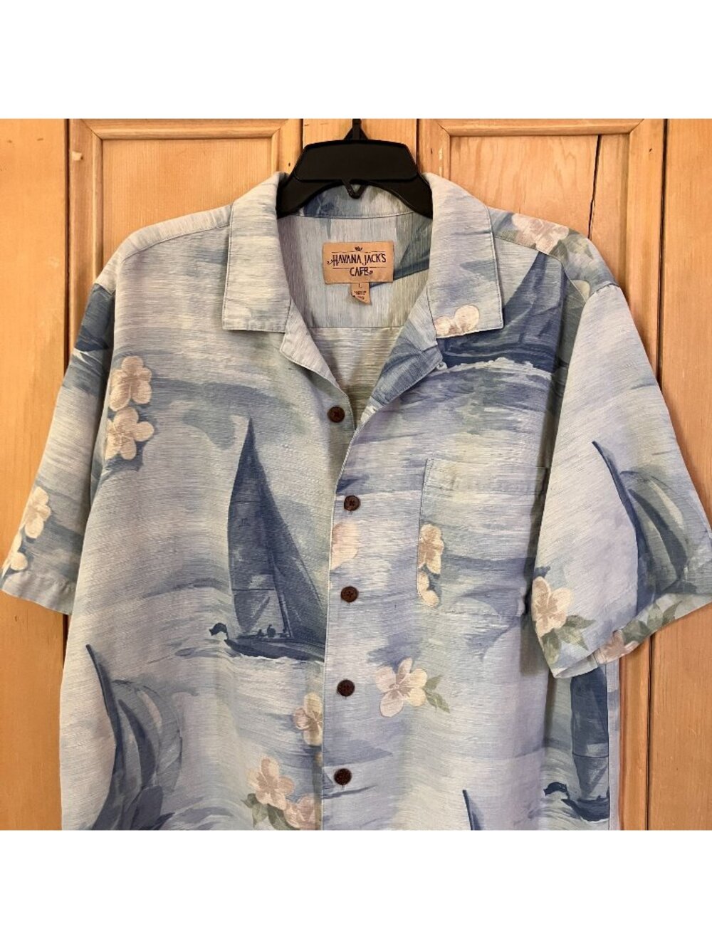 Havana Jack's Cafe Mens Sailboat 100% Silk Hawaiian Shirt Size Large Blue SP EXC